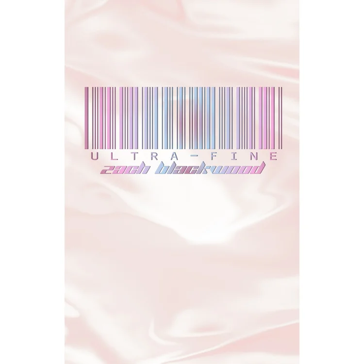 Cover of ultra-fine by Zach Blackwood — pastel pink and blue barcode design over a marbled silk background.